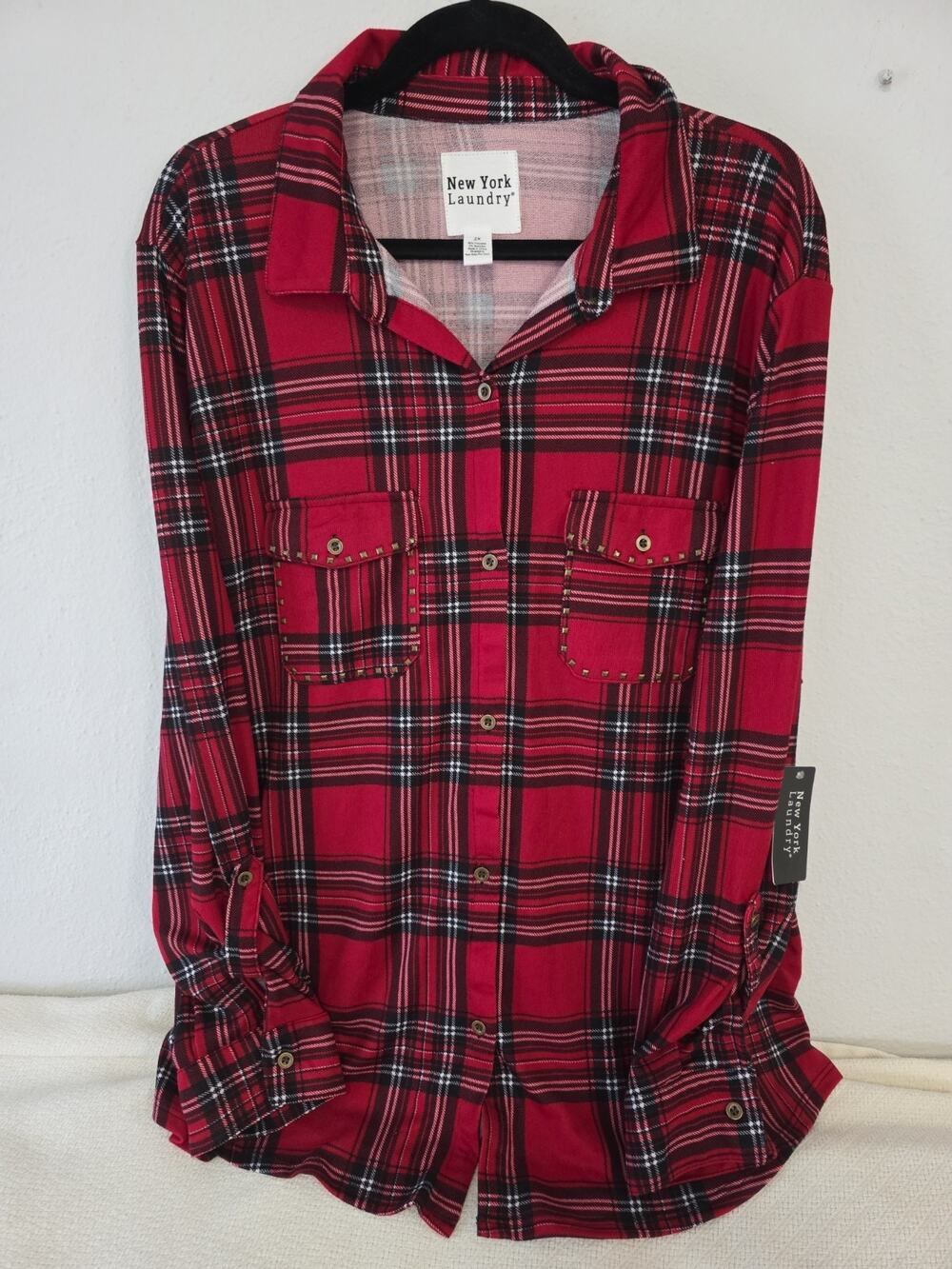New York Laundry Red Plaid Button Down Long Sleeve Top Embellished Pockets 2X